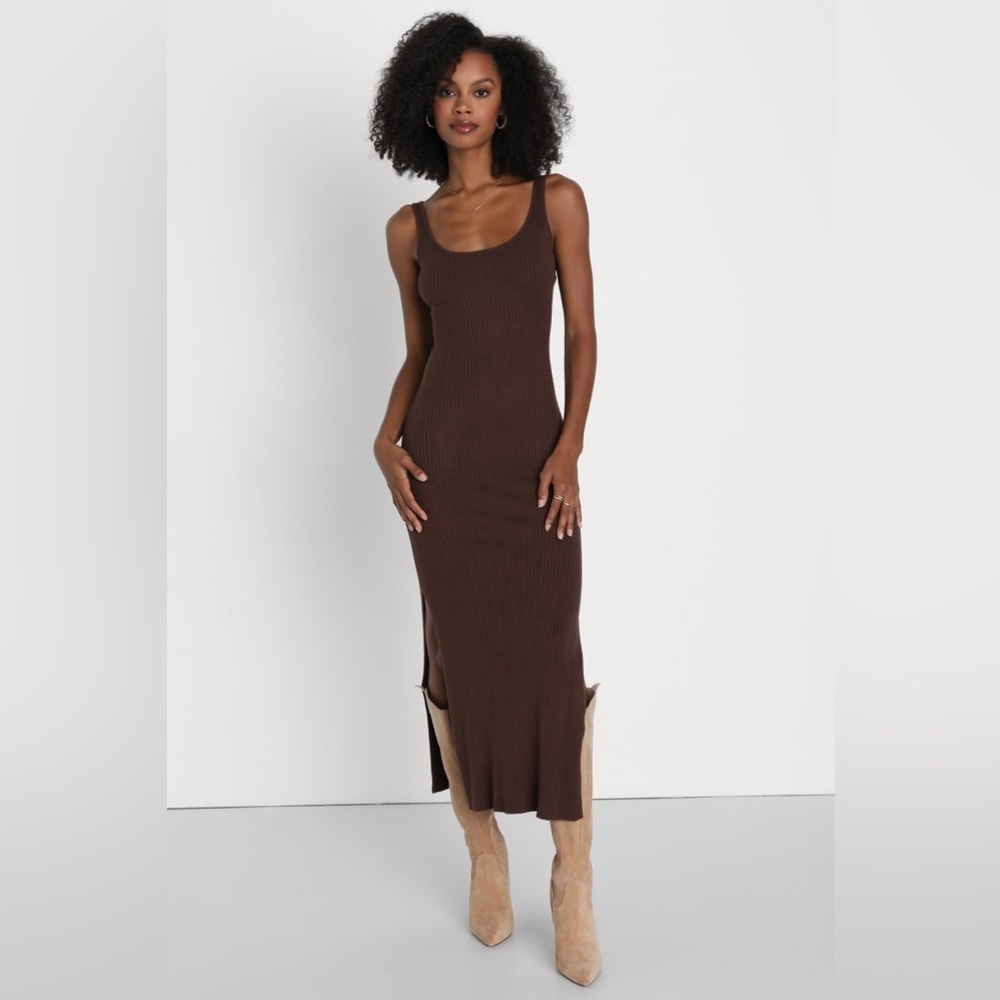 New Lulus Layer Lover Brown Ribbed Knit Tank Dress Sleeveless Side Slit Size XXL